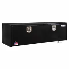 This single drop-down door box from BUYERS PRODUCTS is designed for underbody mounting on trucks and service vehicles. It features a black finish, 18 in overall depth, and a keyed lock for secure storage of tools and equipment.