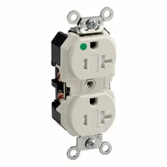 This LEVITON duplex receptacle is rated 125V AC and 20 A with a 5-20R configuration. It is designed for general-purpose power distribution in healthcare facilities, providing reliable connections for medical equipment and patient-care areas. The light almond finish suits institutional environments.