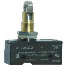 Plunger snap-action switch from OMRON Series A with 1NO/1NC contact configuration. Rated for 20 A at 480 V AC, with solder electrical connection. Suitable for position sensing and limit switching in industrial control and automation systems.