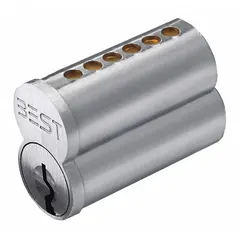This BEST Small Format Interchangeable Core (SFIC) cylinder is designed for use in cylindrical lock assemblies. It features a chrome finish, G keyway, and 6 pins, allowing quick rekeying by swapping the core without removing the entire lockset. Suitable for commercial facilities requiring flexible key control.