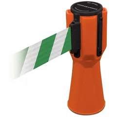 Blank green plastic barrier tape with 9 in belt height and 11 7/8 ft maximum length, housed in an orange plastic casing. Overall height is 3/4 ft. Designed for use with traffic cones to create temporary visual barriers for site demarcation, pedestrian control, or marking restricted areas.
