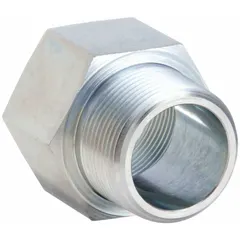 Steel straight adapter for hydraulic threaded extreme-pressure pipe systems. Connects two 3/4 in pipes in a straight line. Rated for maximum operating pressure of 4,500 psi. Suitable for high-pressure fluid-power applications in industrial hydraulics and heavy machinery.