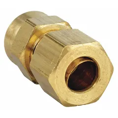 This brass compression fitting adapter connects 3/8 in OD tubing to 1/8 in female pipe threads. It is configured as compression x FNPTF and sold in a 10-pack. Suitable for use in pneumatic, hydraulic, and instrumentation lines requiring leak-resistant connections.
