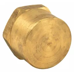 Threaded high-pressure pipe fitting for sealing ports in hydraulic and pneumatic systems. Constructed from C36000 brass with 1/8 in NPT threads, rated to 1,000 psi maximum operating pressure. Overall length is 1/2 in.