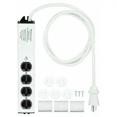 White healthcare power strip with 4 outlets, 6 ft cord, 15 A current, and 5-15P plug. Complies with UL 60601-1 for medical electrical equipment. Features clip mounting for secure attachment in patient rooms, clinics, or hospital workstations. Width: 2 in.