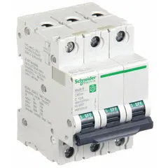 3-pole C-curve supplementary protector rated 10 A, 240/415/440 V AC, with a maximum interrupting rating of 14 kA at 240 V AC. Screw clamp terminals. DIN rail mount, UL1077 listed. Suitable for overcurrent and short-circuit protection in branch circuits, control panels, and equipment with moderate inrush currents.