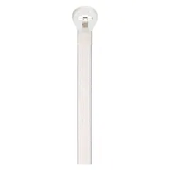 Natural-colored fine adjustment cable tie with 15-inch length, 0.27-inch width, and 4-inch maximum bundle diameter. Suitable for indoor bundling and securing cables, wires, or hoses in control panels, data centers, and electrical enclosures. Not rated for outdoor use.