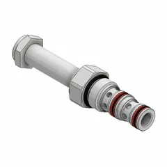 Steel-bodied screw-in solenoid cartridge valve with polyurethane seal. Two-position, three-way configuration for C08-3 cavity size. Used for directional control in hydraulic systems, such as flow switching or pressure release in industrial machinery and mobile equipment.