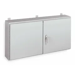 This steel dust-tight enclosure measures 48 x 48 x 12 inches and is rated NEMA 12. It features a solid hinged cover secured by screws. No knockouts are provided. Suitable for protecting electrical controls and components in industrial environments where dust and non-corrosive liquids are present.