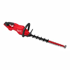 This battery-powered hedge trimmer features a double-sided 24-inch blade with a 1 1/4-inch cutting width. It is designed for trimming and shaping hedges, shrubs, and bushes in landscaping and yard maintenance. The tool operates on the M18 platform for cordless convenience.