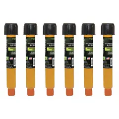 A/C dye refill for leak detection in R-1234yf and R-134a refrigeration systems. Includes six 0.5 oz cartridges of universal/ester-compatible dye. Used in automotive and HVAC service applications.