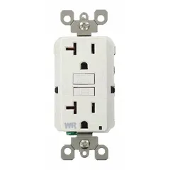 General purpose duplex GFCI receptacle rated 20 A at 125 V AC, 5-20 configuration, 2-pole/3-wire, white. Provides ground-fault protection for personnel in wet or damp locations such as kitchens, bathrooms, and outdoor areas.