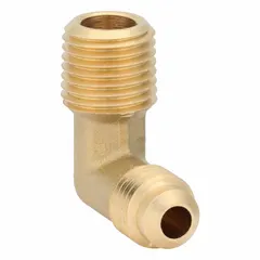 This brass 45-degree flare tube elbow connects 1/4 in OD tubing to 1/4 in male pipe threads. It features a flared/threaded design for secure assembly in fluid systems. UL Listed for recognized safety compliance.