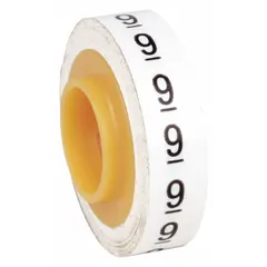 Replacement roll for wire marker dispensers containing 576 black-on-white polyester film labels with legend '9'. Rated for continuous use from -40°F to 250°F. Suitable for identifying wires and cables in industrial electrical installations.