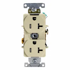 General-purpose duplex receptacle rated 125V AC, 20A, NEMA 5-20 configuration, 2-pole/3-wire, in ivory. Suitable for standard electrical outlets in commercial and residential settings for powering 20A equipment.