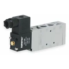 Single solenoid, spring return, four-way/two-position directional control valve with locking feature. Operates on 24V DC. Used to direct compressed air in pneumatic systems for actuating cylinders and actuators in industrial automation.