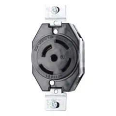 Non-NEMA locking receptacle with black housing. Rated for 250V AC and a current rating of 10 A to 20 A. Features 4 poles and 5 wires. Used in industrial and commercial settings for secure connections on heavy-duty equipment, generators, and temporary power distribution where vibration or accidental disconnection must be prevented.