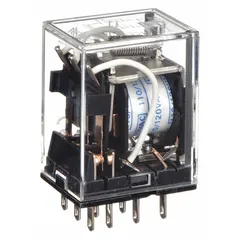 Plug-in relay from the MY Series with a square base and flat pins. Features 3PDT contact configuration, 5 A current rating at 120V AC, and operating current of 2 A at 220V AC (inductive load). Uses quick-connect terminals for socket mounting. Suitable for general-purpose switching in industrial control panels, automation systems, and motor control circuits.