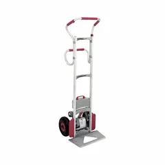 This electric stair-climbing hand truck from MAGLINER has a 300 lb capacity and a rounded-back aluminum frame. It features a four-position sweep back handle and 10-inch pneumatic tires for maneuverability. The unit is powered by a maintenance-free Gel Cell (VRLA) battery with a 1.5-hour charge time. Typical applications include moving loads up and down stairs in delivery, moving, and warehouse settings.