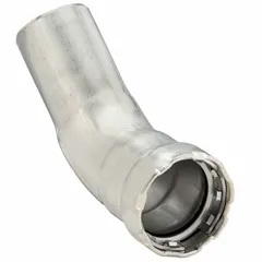 This press-fit elbow fitting is used to join stainless steel potable water pipes in plumbing systems. It connects 2 in pipe to 2 in CTS size and features an FKM seal for chemical and temperature resistance. The fitting creates a secure, leak-proof connection using press-fit technology.