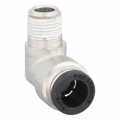 Nickel-plated brass elbow fitting with Push-to-Connect x MNPTF connection. Accepts 5/16 in OD tubing and 1/8 in male NPTF threads. Silver finish. Used in pneumatic or fluid systems for tool-free assembly.