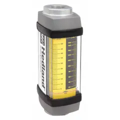 Variable area inline flowmeter with scale display for measuring flow of petroleum fluids. Features +/-2% accuracy, Viton seals and O-rings, NPTF connections, and universal mounting orientation. Provides direct reading in gallons. Suitable for monitoring oil circulation in hydraulic and lubrication systems.