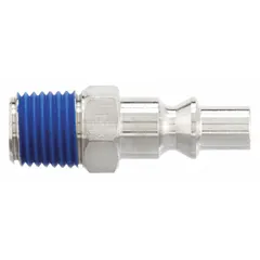 This SPEEDAIRE plug is a stainless steel ARO-style quick-connect air coupling with a 1/4" male NPT thread. It is used in pneumatic systems to connect and disconnect air tools, hoses, and couplers. The 1/4" body size and MNPT thread provide a secure connection in compressed-air applications.