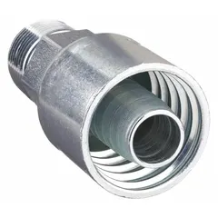 Steel straight crimp fitting with male NPTF thread (1"-11-1/2) and genderless crimp end for -16 dash size hose. Used in hydraulic systems to connect hose to NPTF ports, common in industrial, construction, and agricultural equipment.