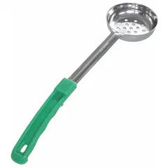 Stainless steel portion control spoon with a 4 oz capacity and perforated bowl. Features a green plastic handle. Used in food service for consistent serving sizes of vegetables, pasta, or other items where liquid drainage is needed.