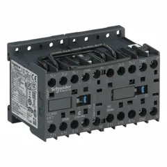 This 3-pole reversing contactor with 3 normally open contacts is rated at 9 A and features a 110V AC coil. It is designed for controlling the forward and reverse rotation of three-phase motors in applications such as conveyors, pumps, and industrial machinery. The miniature IEC form factor suits compact control panels. No integrated surge suppression is included.