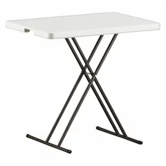 Rectangular folding table with a Platinum tabletop and steel frame. Measures 30 inches wide by 20 inches deep. Suitable for temporary workspaces, training rooms, or events requiring a portable surface.