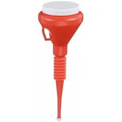 Polyethylene funnel with 48 fl oz fluid capacity, 4 in diameter, and 17 1/4 in height. Includes caps on each end for secure sealing. Used for transferring and storing fluids, preventing spills and contamination.