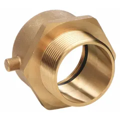 This brass swivel adapter connects fire hoses to hydrants or standpipes using NH x NH straight threads. It features a pin lug design for secure tightening and is sized for 2-1/2 in pipe connections in fire protection systems.