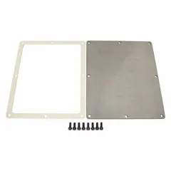 This steel tank lid kit is designed for use with aluminum hydraulic tanks. It provides a secure closure to prevent contamination and maintain system integrity. Overall dimensions: 10.24 in length, 8.66 in width, 0.16 in thickness.