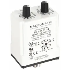Socket-mounted single function time delay relay with 8 pins/terminals, rated 10 A at 12 VDC. Used in industrial control panels and automation systems to manage timing sequences for machinery, conveyors, and process controls.