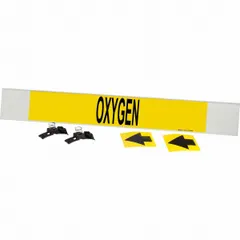 Fiberglass carrier-mounted pipe marker for identifying oxygen lines on pipes with an outer diameter of 8 inches and larger. Features a yellow background with black legend and directional arrows. Supplied with strapping for secure installation. Suitable for industrial piping systems requiring clear hazard communication.