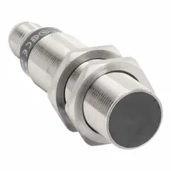 Shielded inductive cylindrical proximity sensor with built-in connector and 3 wires. Operates on 12-48V DC supply voltage. Detects metallic objects without contact for position sensing, part detection, and machine control in industrial automation.