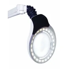 Clamp-mount tabletop medical light providing 1360 lux illumination at 1.88x magnification with 4000K color temperature and 90 CRI. Operates on 100-240V AC, consumes 10W. Suitable for precision inspection tasks in clinical or laboratory settings.