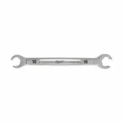 This MILWAUKEE flare nut wrench is made of chrome vanadium steel with a chrome finish. It features 16 mm and 18 mm 6-point double-end heads and an overall length of 8 inches. Designed for tightening or loosening flare nuts on brake lines, fuel lines, and refrigeration systems.