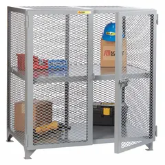 This industrial ventilated shelf cabinet from LITTLE GIANT features a gray ventilated body panel and an assembled frame with leg base. It includes one fixed shelf for organizing stored items. The ventilated design allows airflow, suitable for storage of parts or materials in warehouses, factories, and maintenance facilities.