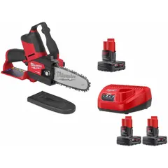 Battery-powered chainsaw kit operating at 12 V, featuring a rear handle and automatic chain oiler. Includes the saw (model 2527-21) and battery (model 48-11-2412). Suitable for pruning and trimming branches in landscaping and property maintenance.