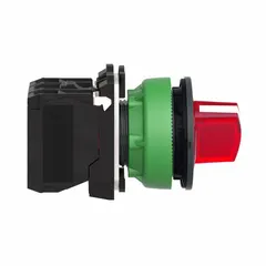 This illuminated selector switch from the SCHNEIDER XB5 series features a short-handled knob operator and a non-metallic bezel. It has a maintained/maintained action with two positions (Off/On) and 1NO/1NC contacts. Rated for AC 3 A @ 240 V and DC 0.55 A @ 125 V, it is suitable for panel-mounting in industrial control and automation applications requiring stable position holding.