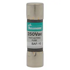 Midget, fast-acting, non-indicating cylindrical fuse rated 10 A, 250 V AC. Dimensions 13/32 in x 1 1/2 in. Used for overcurrent protection in control panels, motor circuits, and electrical equipment requiring rapid response to short circuits.
