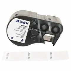 Precut wraparound label cartridge for M510 printers. White matte vinyl material, 1 1/2 in x 1 in, designed for wire gauges 10 AWG to 4 AWG. Requires R4300 ribbon. Used for wire identification in electrical panels and industrial wiring.