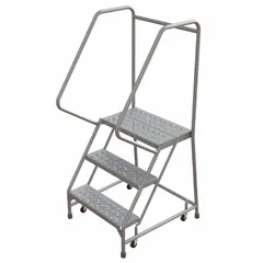 This assembled aluminum ladder features a weight-actuated braking system that locks the casters when stepped on for stability. The perforated tread and included handrails provide secure access. Suitable for elevated tasks in warehouses, stockrooms, and industrial facilities.
