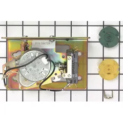 OEM replacement timer for Whirlpool dryers, controlling cycle duration and sequencing of heat, tumbling, and cool-down phases. Used in residential laundry appliances to ensure proper drying cycle operation.