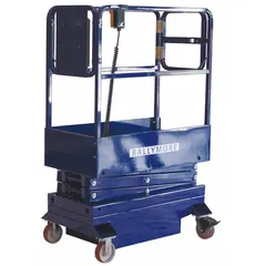 Battery-powered push-around scissor lift with 9.8 ft elevated platform height and 51 in x 27 in platform. Includes battery charger. Suitable for indoor maintenance, installation, and warehousing tasks requiring elevated access.