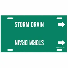 Green pipe marker with white legend reading 'Storm Drain' and directional arrows. Fits pipe outer diameters from 8 to 9-7/8 inches. Used to identify storm drain piping in industrial facilities for maintenance and safety compliance.