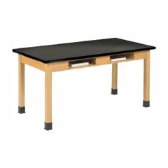 Fixed-height lab table with a 30-inch height and 4-foot length. Features an epoxy countertop that resists chemicals and stains, suitable for wet chemistry, sample preparation, and general lab work. Supports up to 500 lb.