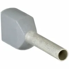 Insulated ferrule for terminating two stranded wires into terminal blocks. Gray polypropylene sleeve, 0.08 in ferrule diameter. Suitable for use in control panels and electrical distribution systems.